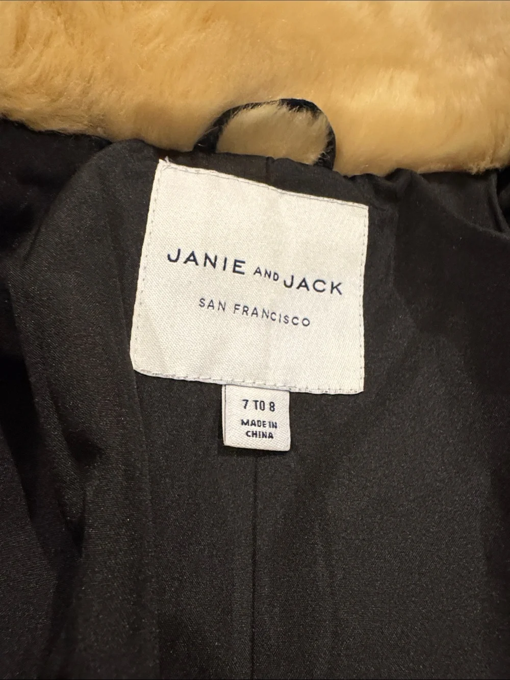 Janie and Jack Black Quilted Jacket with Beige Faux Fur Collar